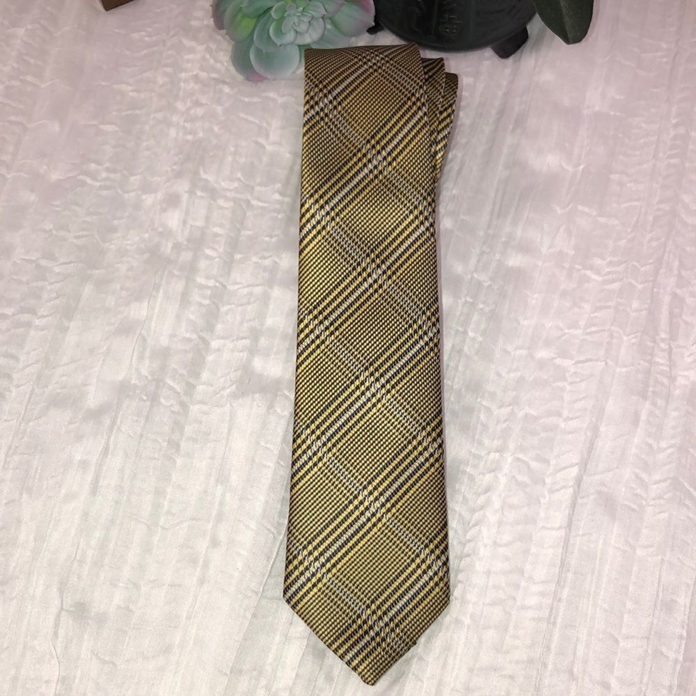 ZENIO Microfiber Gold Navy Blue White Diagonal Plaid Textured Tie